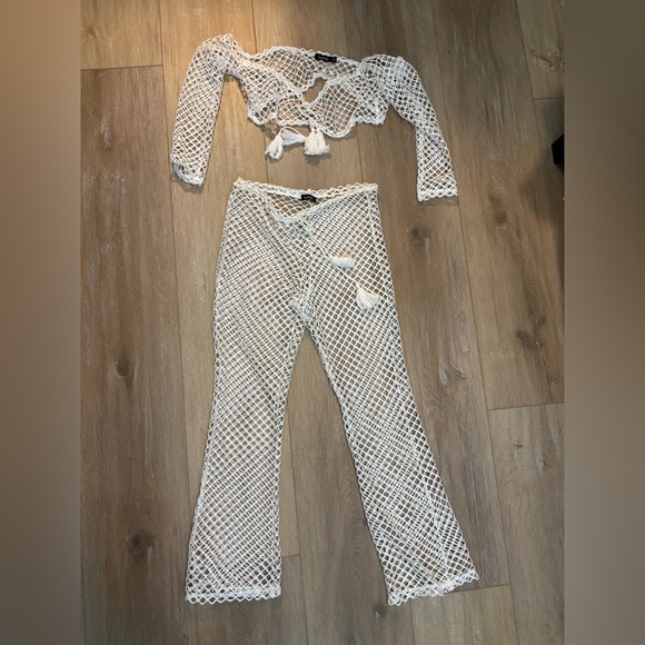 Boohoo Other - White Crochet Pants & Top Swim Coverup Set